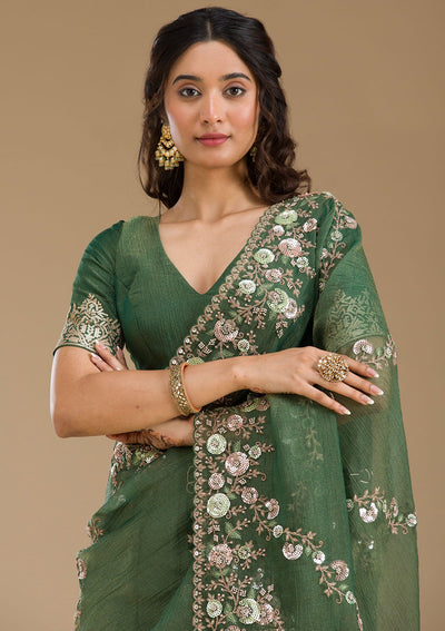 Bottle Green Sequins Tissue Saree-Koskii