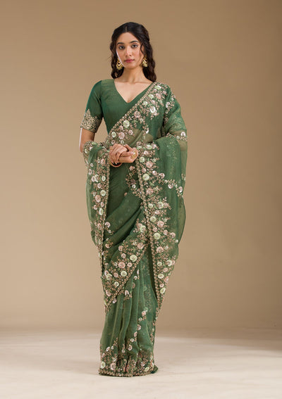 Bottle Green Sequins Tissue Saree-Koskii