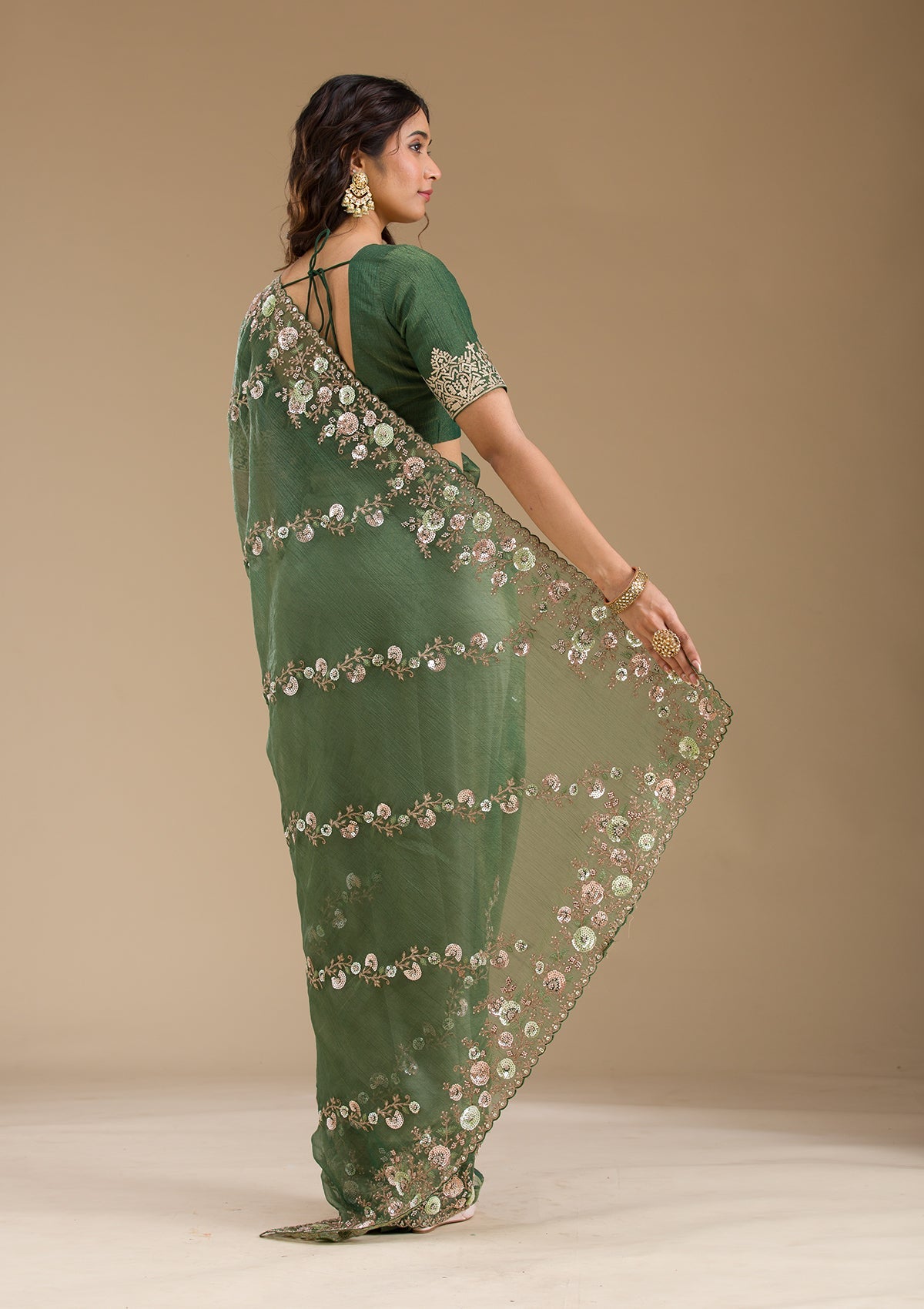 Bottle Green Sequins Tissue Saree-Koskii