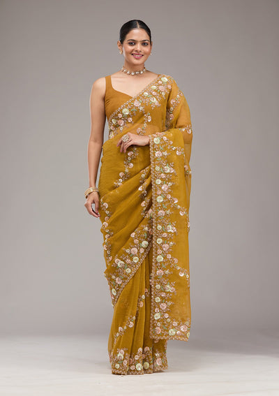 Mustard Sequins Tissue Saree-Koskii