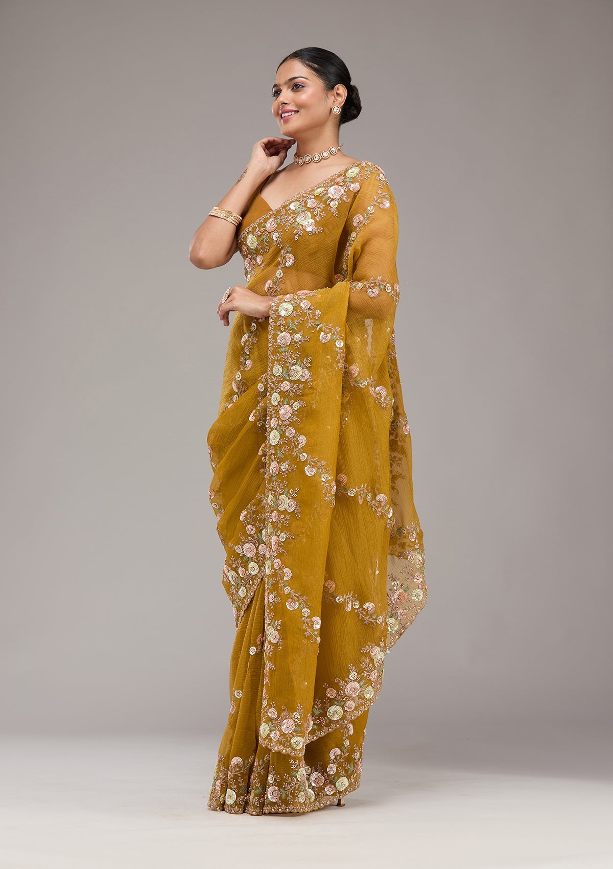 Mustard Sequins Tissue Saree-Koskii