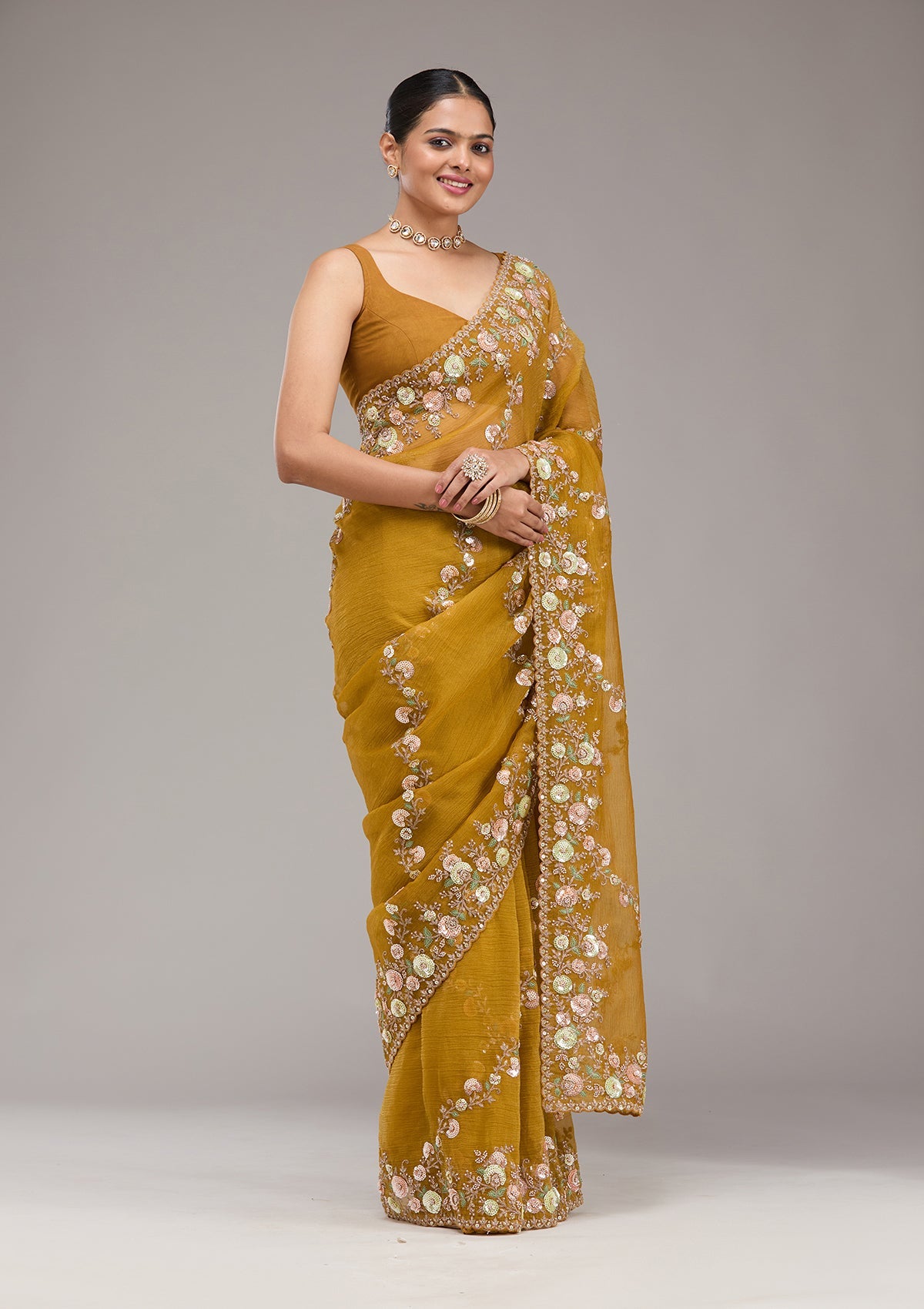 Mustard Sequins Tissue Saree-Koskii