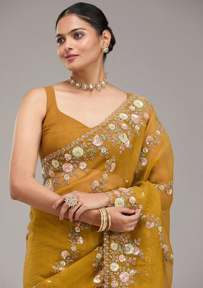 Mustard Sequins Tissue Saree-Koskii