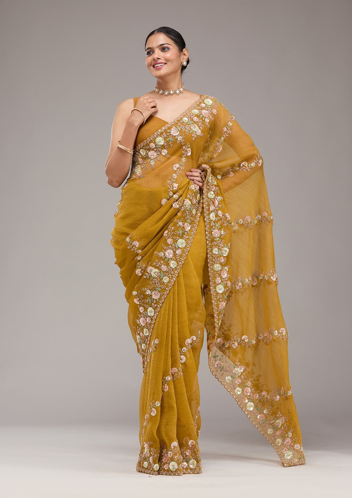 Mustard Sequins Tissue Saree-Koskii