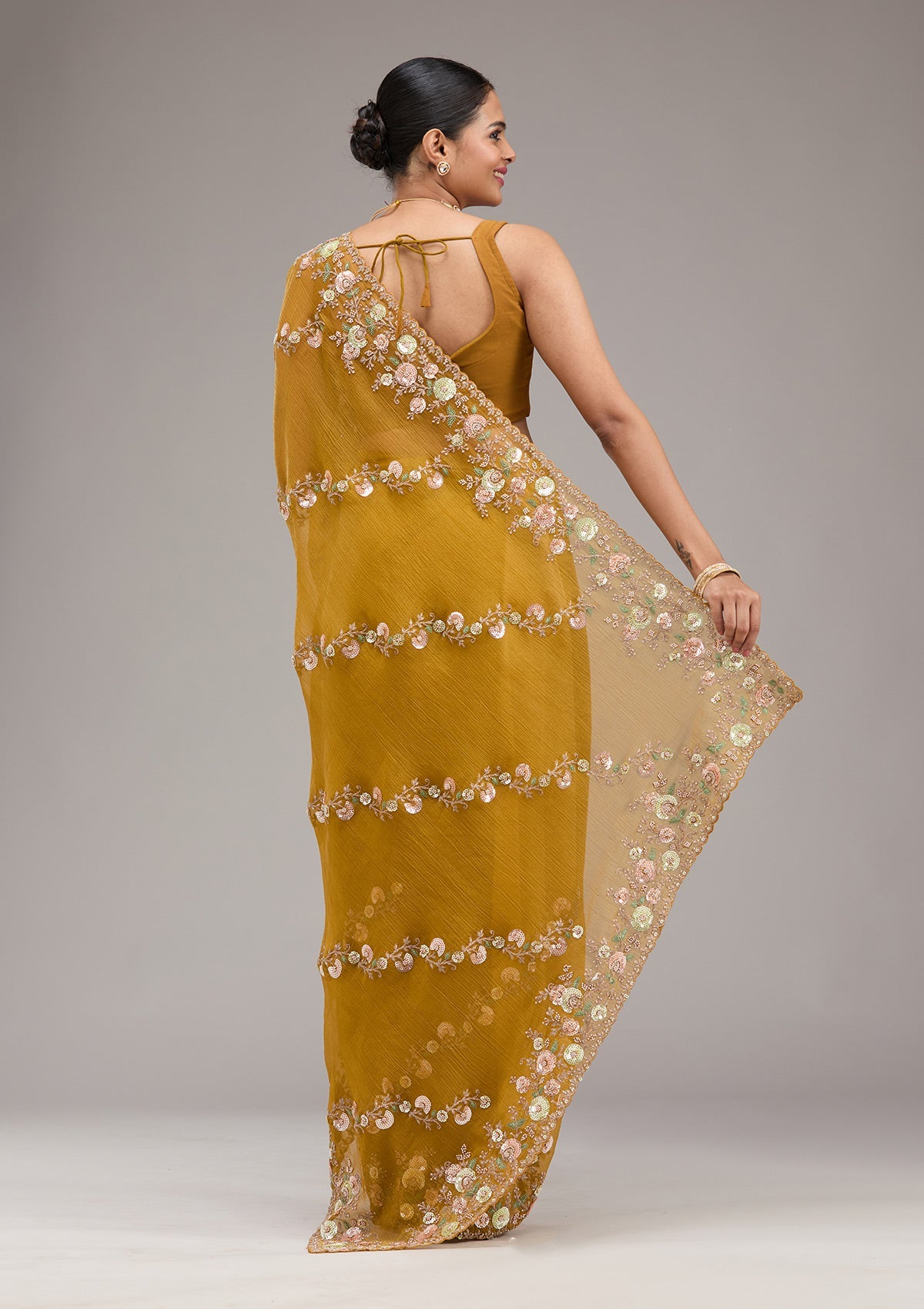 Mustard Sequins Tissue Saree-Koskii