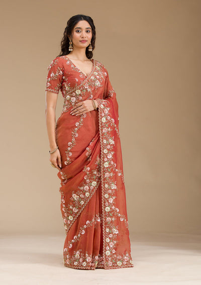 Rust Sequins Tissue Saree-Koskii