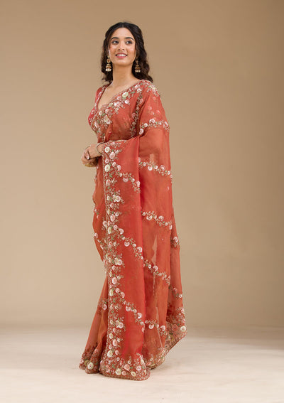 Rust Sequins Tissue Saree-Koskii