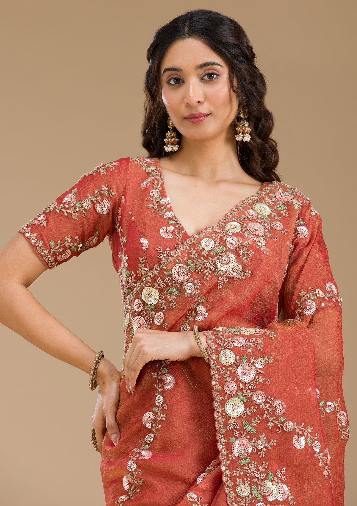 Rust Sequins Tissue Saree-Koskii