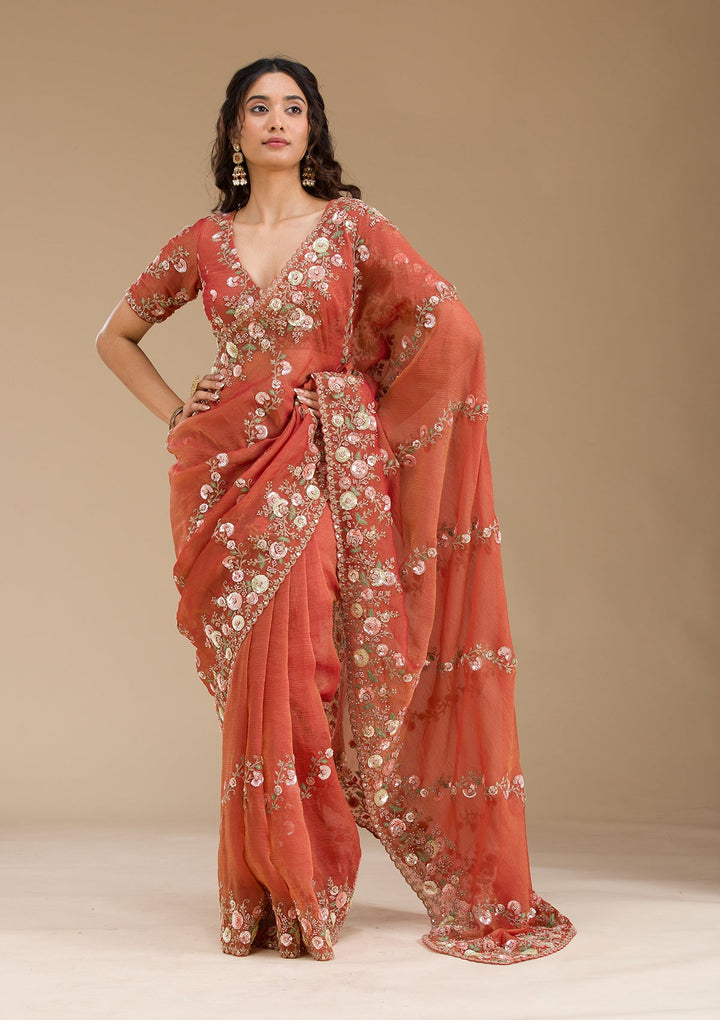 Rust Sequins Tissue Saree-Koskii