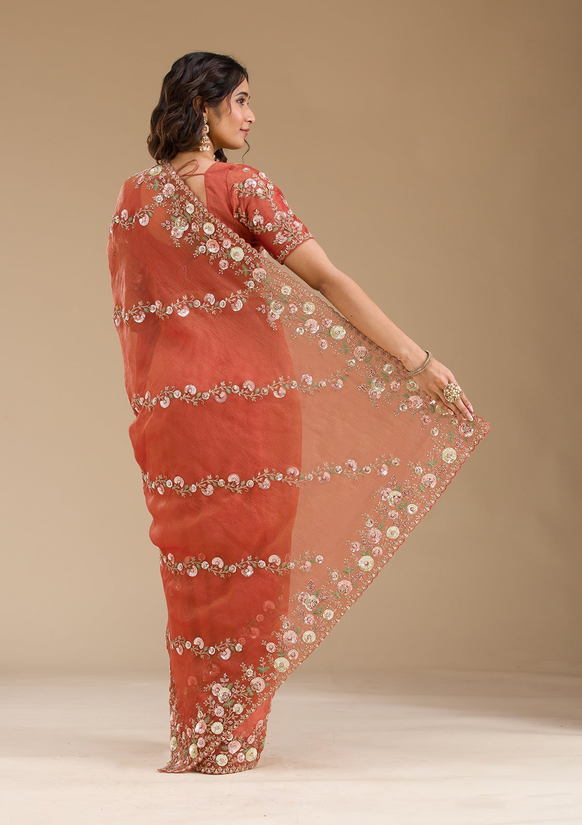 Rust Sequins Tissue Saree-Koskii