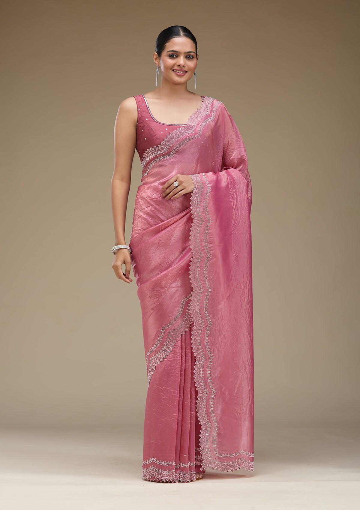 Onion Pink Stonework Tissue Saree-Koskii