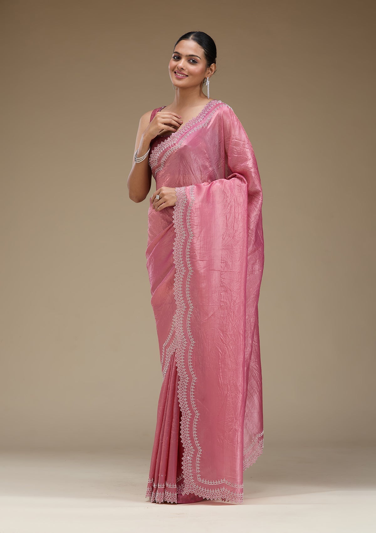 Onion Pink Stonework Tissue Saree-Koskii