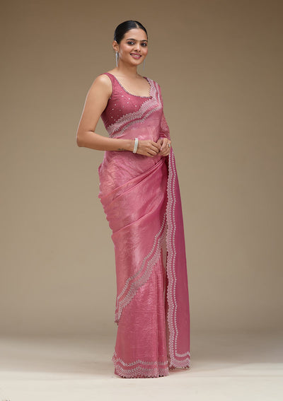 Onion Pink Stonework Tissue Saree-Koskii