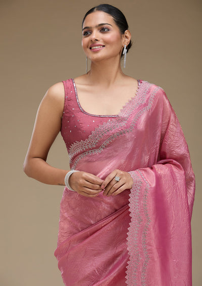 Onion Pink Stonework Tissue Saree-Koskii