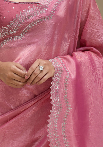 Onion Pink Stonework Tissue Saree-Koskii