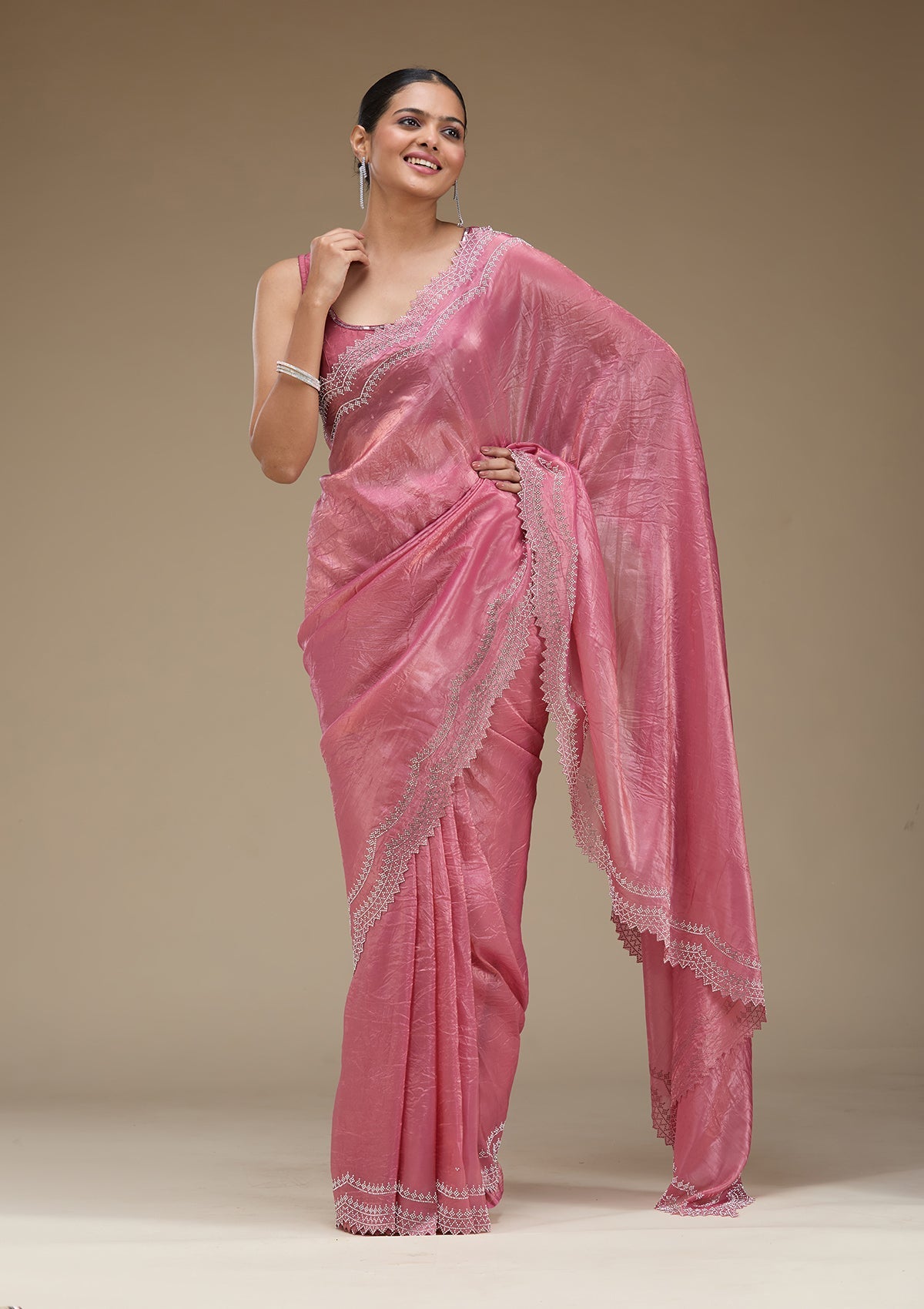 Onion Pink Stonework Tissue Saree-Koskii