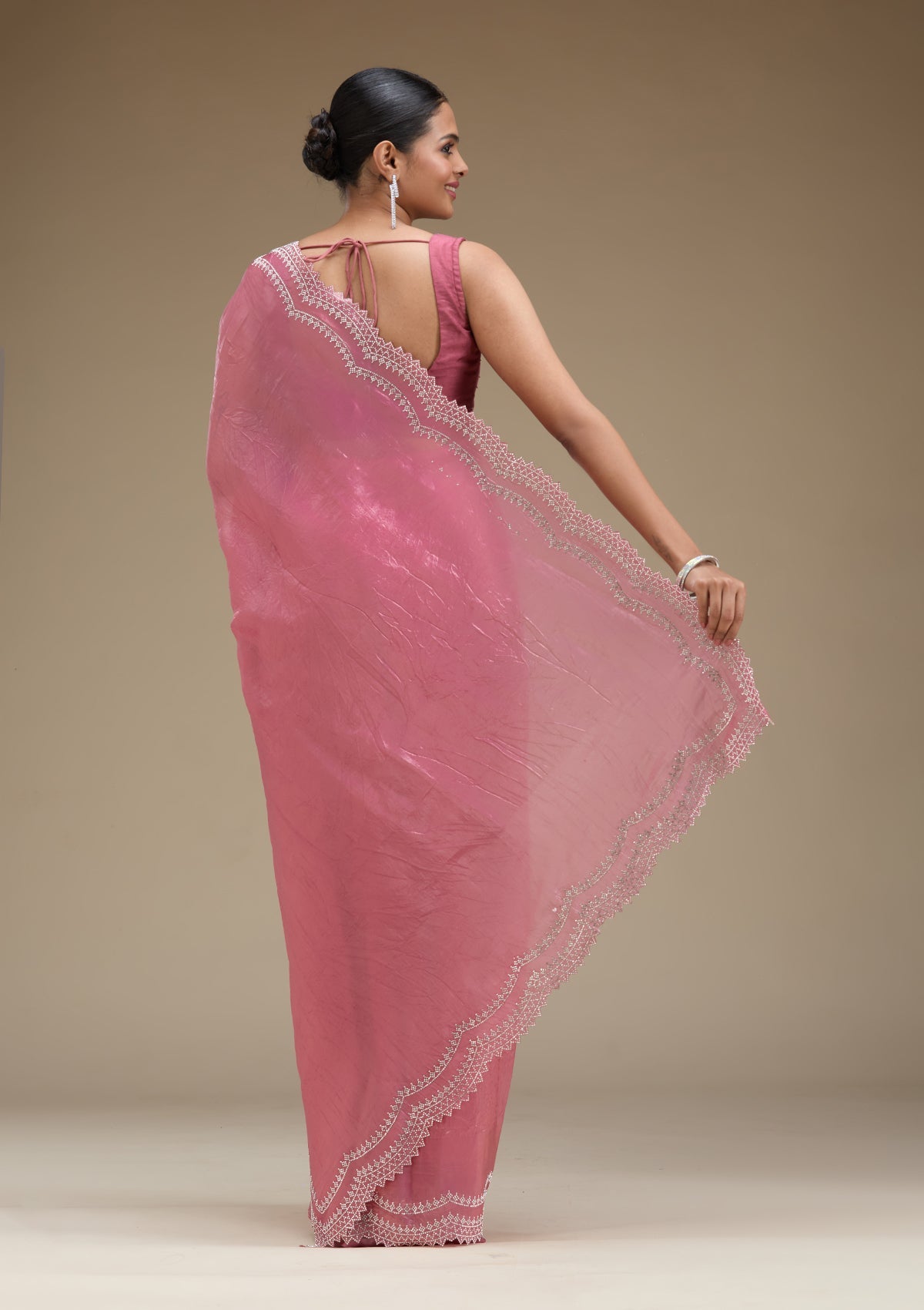 Onion Pink Stonework Tissue Saree-Koskii