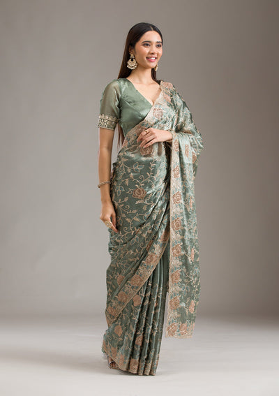 Mehendi Zariwork Tissue Saree-Koskii