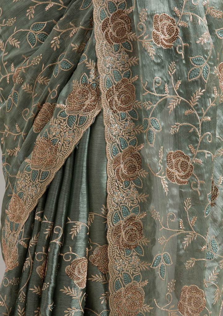 Mehendi Zariwork Tissue Saree-Koskii