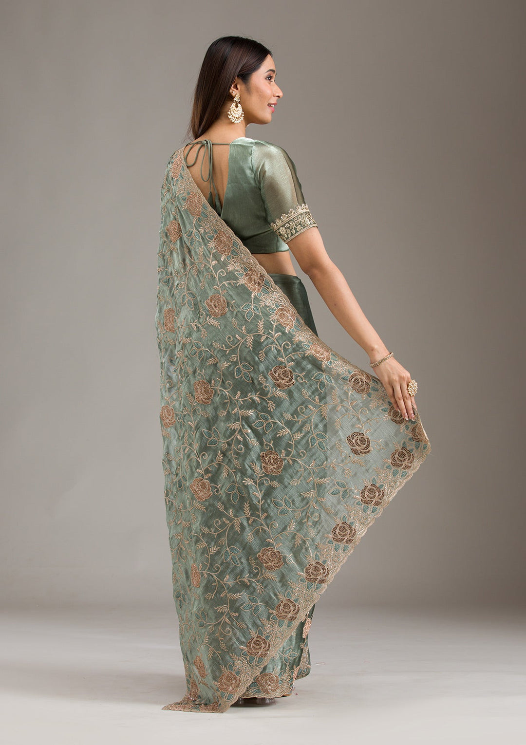 Mehendi Zariwork Tissue Saree-Koskii
