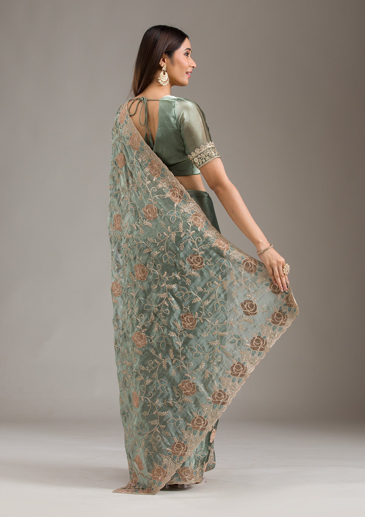 Mehendi Zariwork Tissue Saree-Koskii