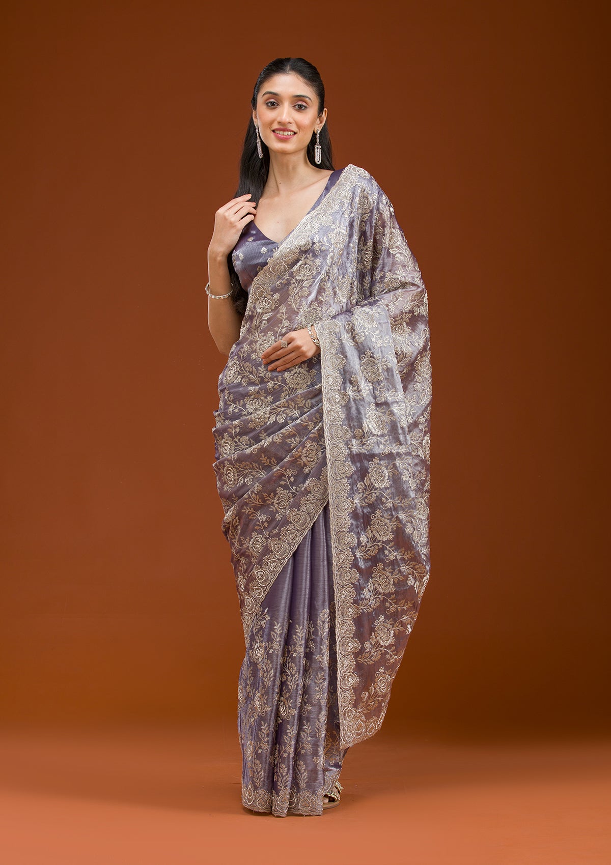 Grey Zariwork Tissue Saree-Koskii