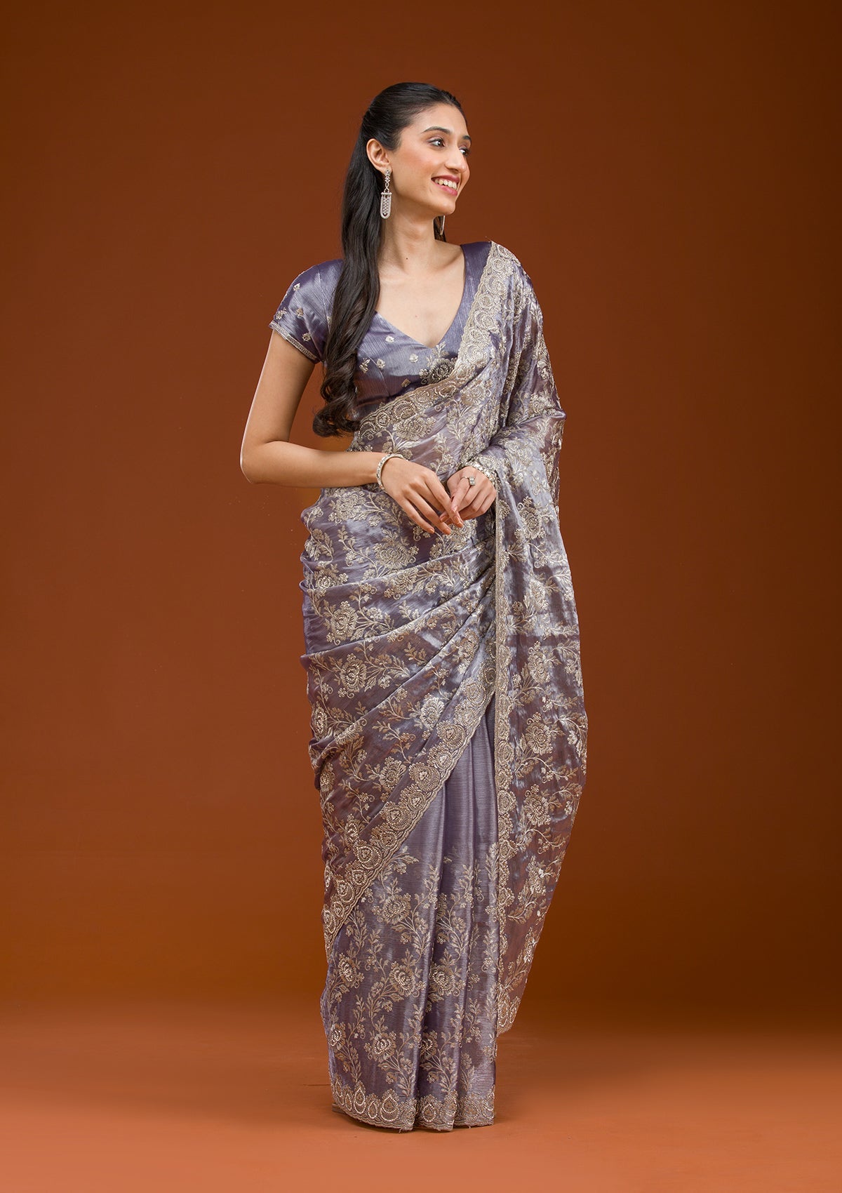 Grey Zariwork Tissue Saree-Koskii