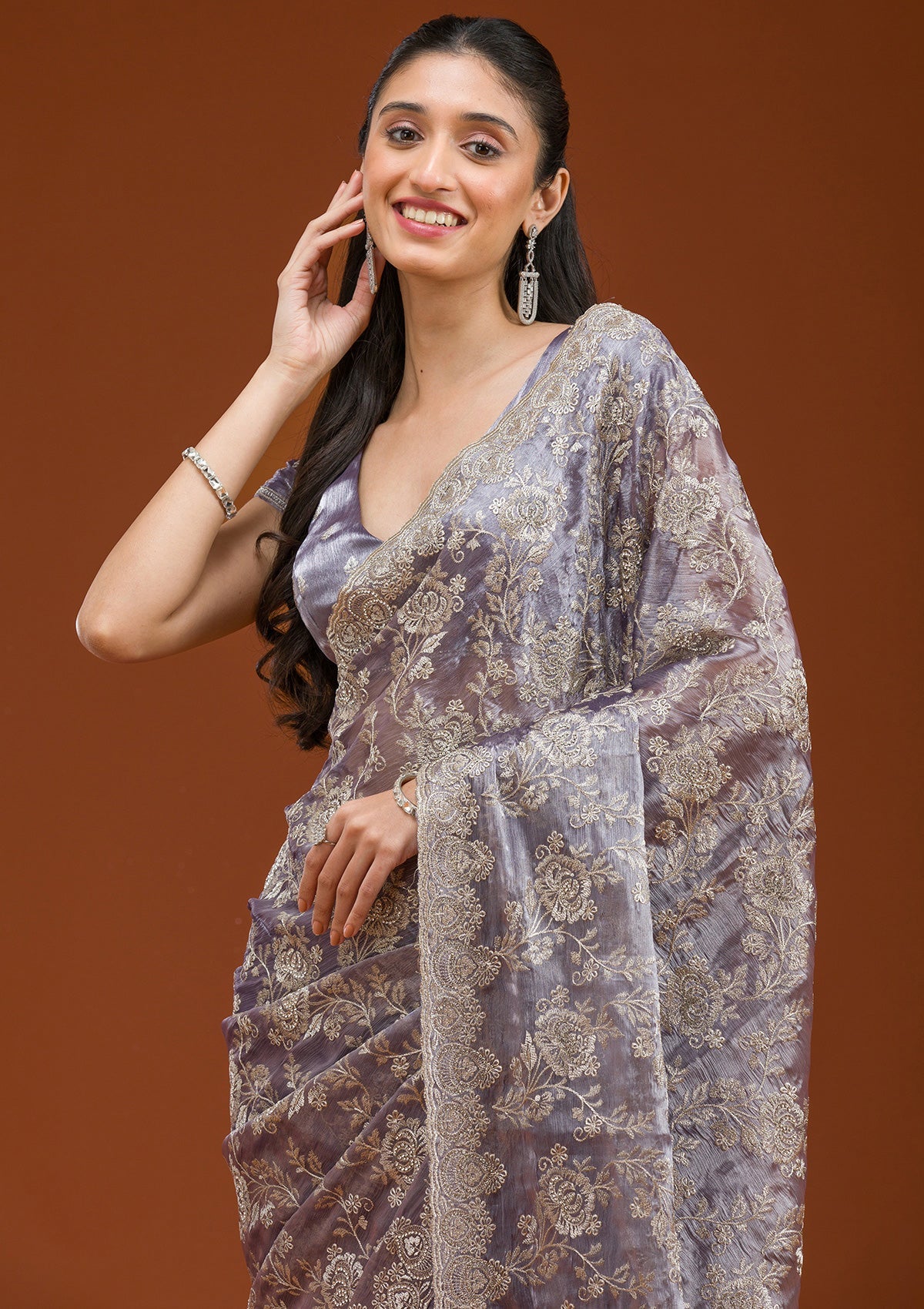 Grey Zariwork Tissue Saree-Koskii