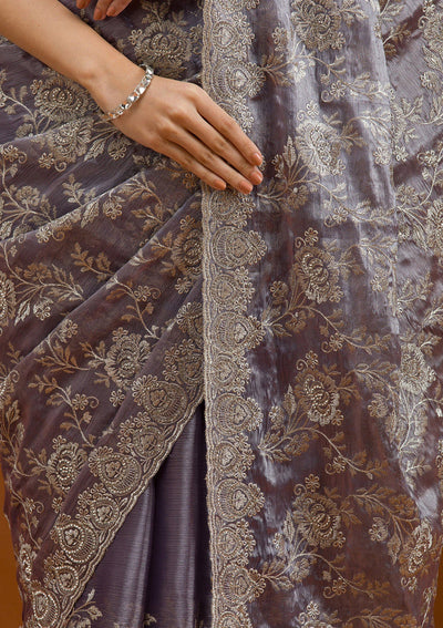 Grey Zariwork Tissue Saree-Koskii