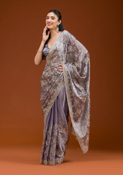 Grey Zariwork Tissue Saree-Koskii