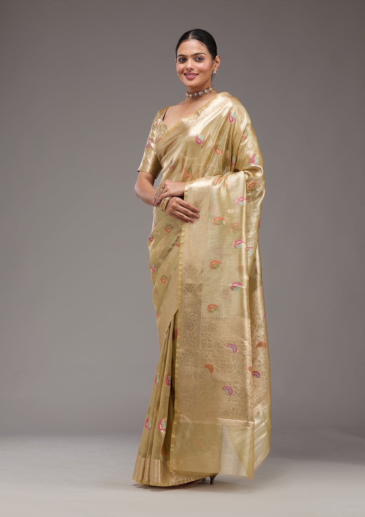 Gold Zariwork Tissue Saree-Koskii