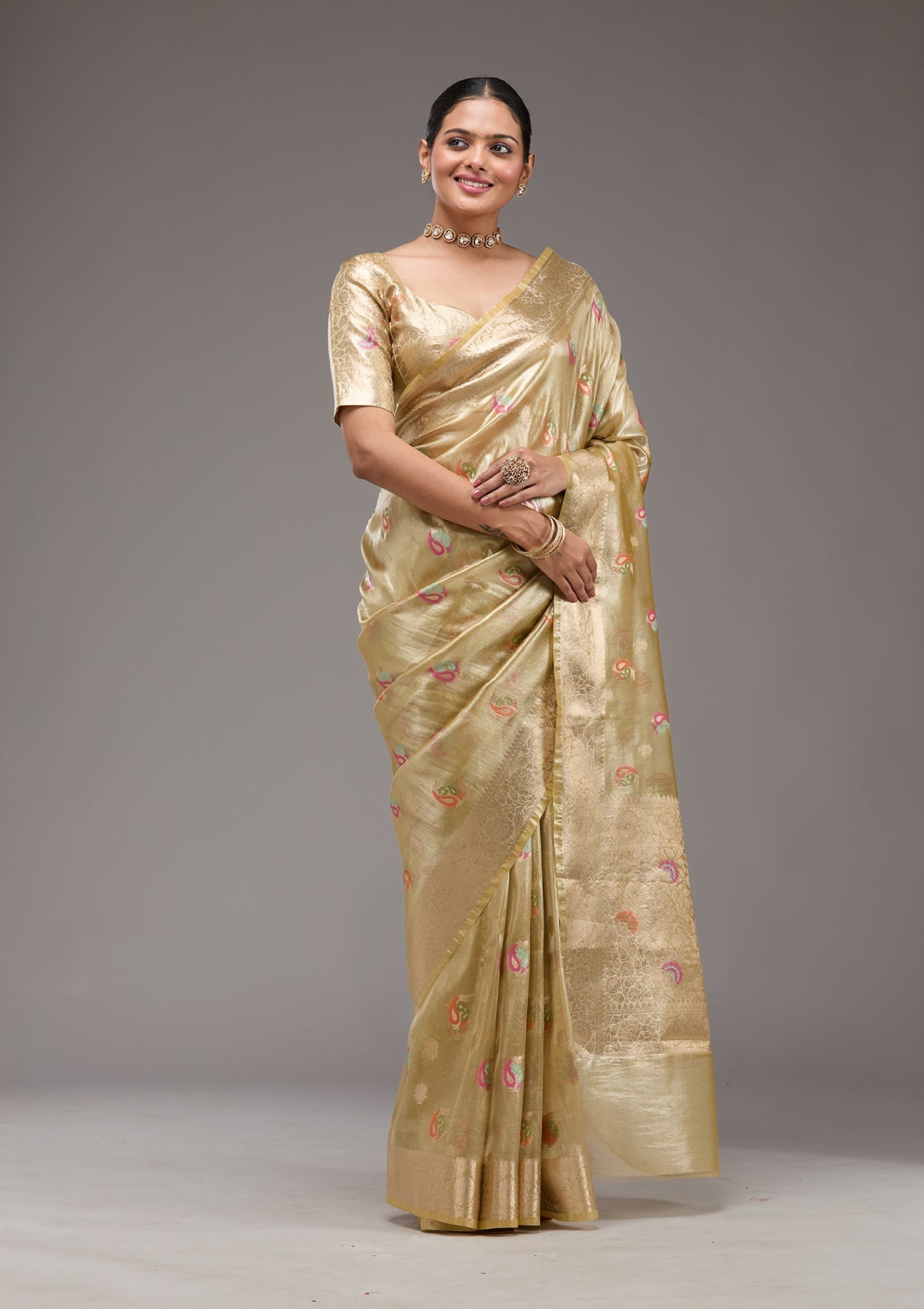 Gold Zariwork Tissue Saree-Koskii