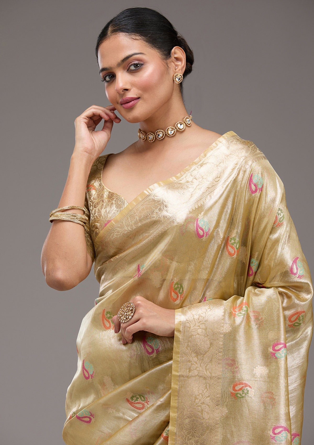 Gold Zariwork Tissue Saree-Koskii