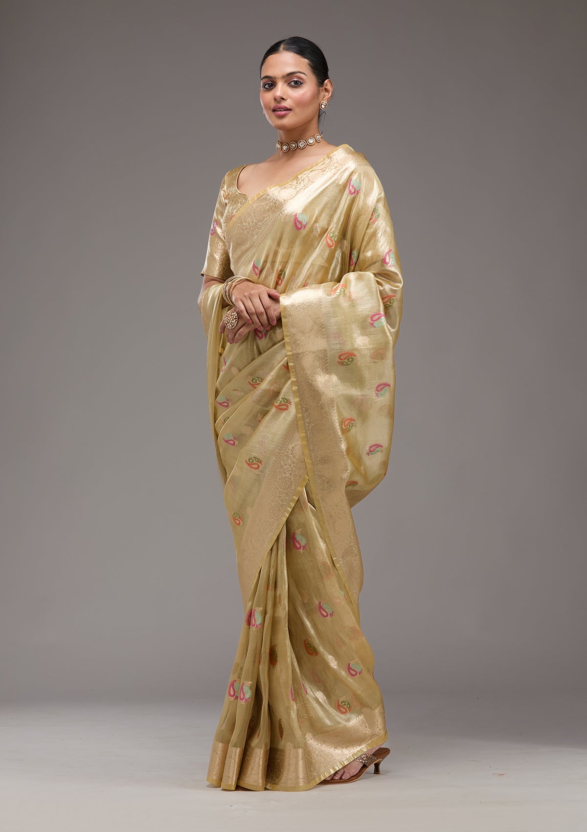 Gold Zariwork Tissue Saree-Koskii