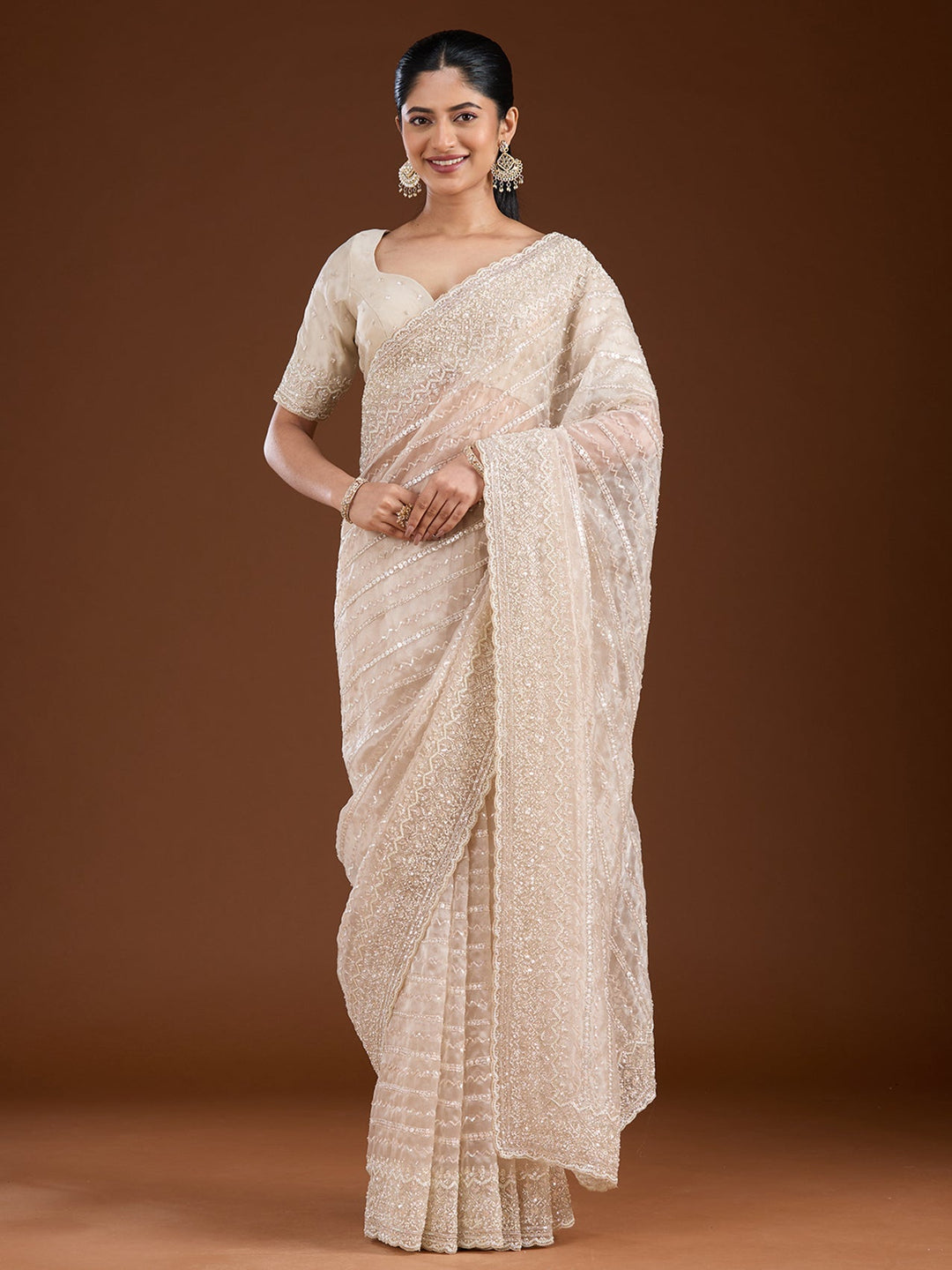 Off White Sequins Net Saree-Koskii