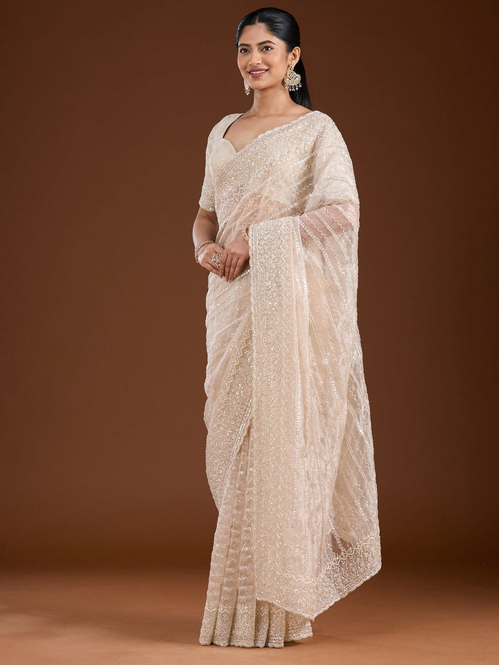 Off White Sequins Net Saree-Koskii