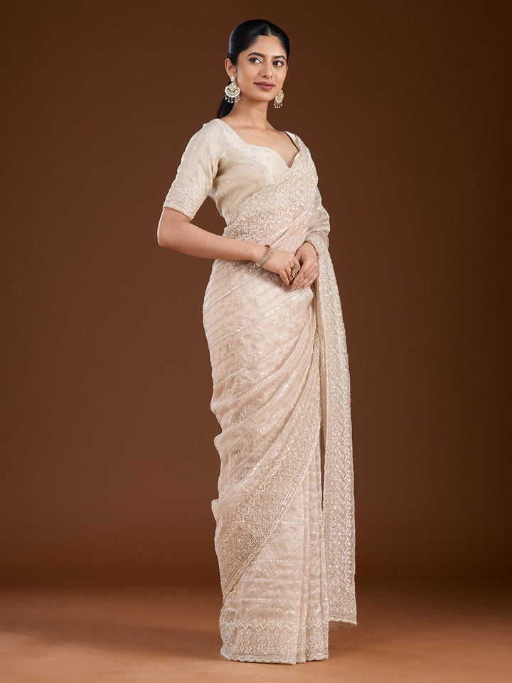 Off White Sequins Net Saree-Koskii