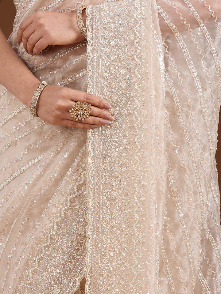 Off White Sequins Net Saree-Koskii