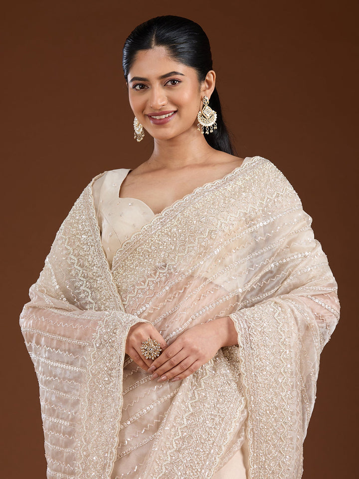 Off White Sequins Net Saree-Koskii