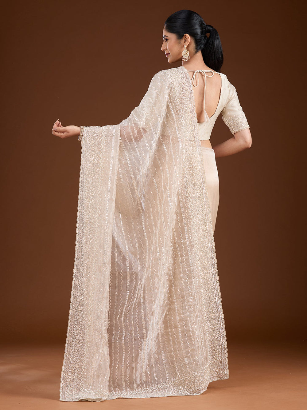 Off White Sequins Net Saree-Koskii