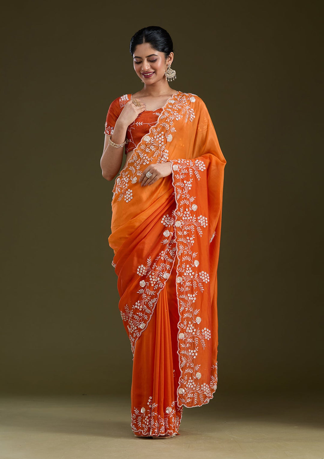 Orange Aariwork Satin Saree_koskii