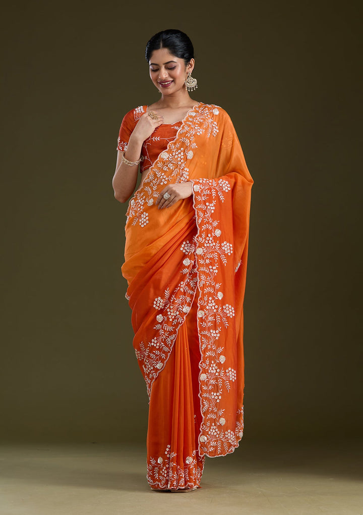 Orange Aariwork Satin Saree_koskii