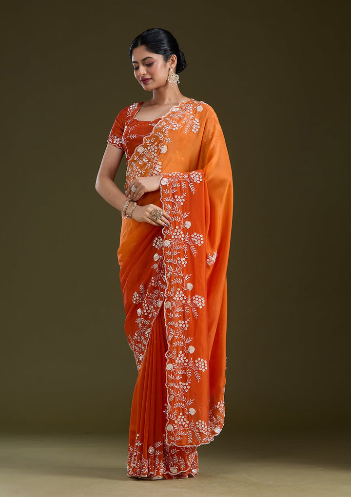 Orange Aariwork Satin Saree_koskii
