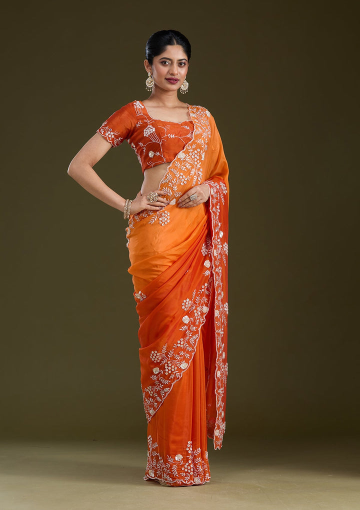 Orange Aariwork Satin Saree_koskii