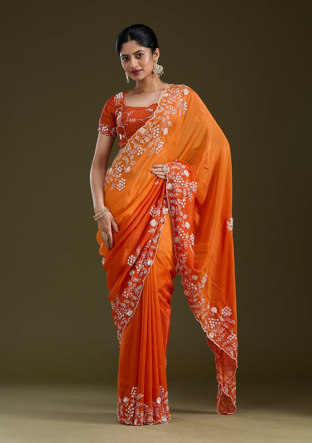 Orange Aariwork Satin Saree_koskii