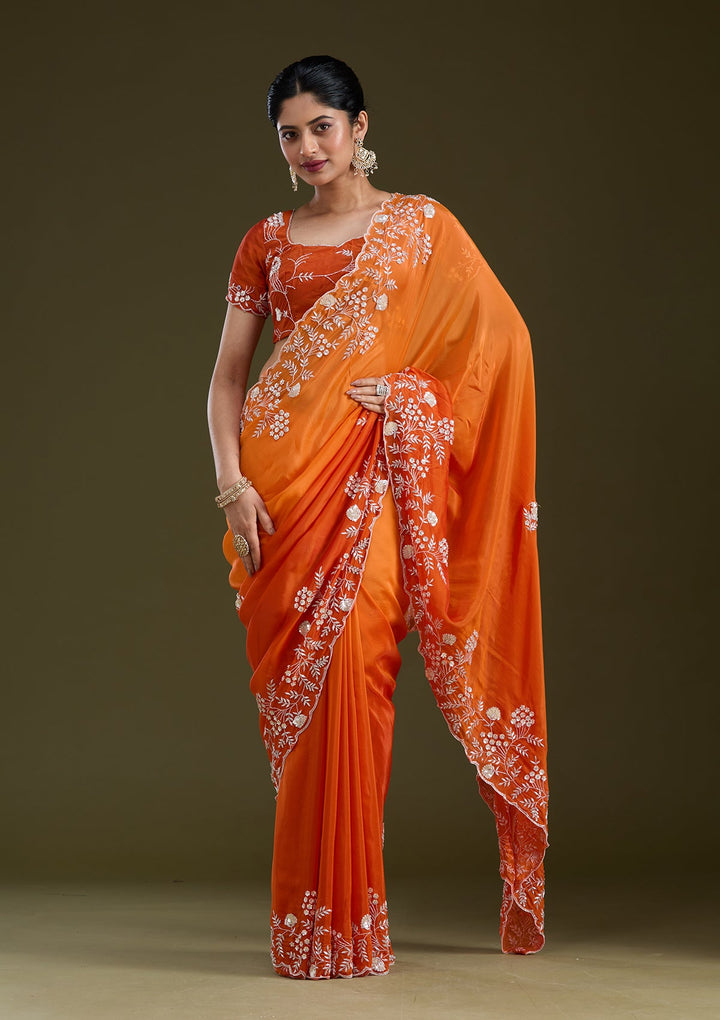 Orange Aariwork Satin Saree_koskii