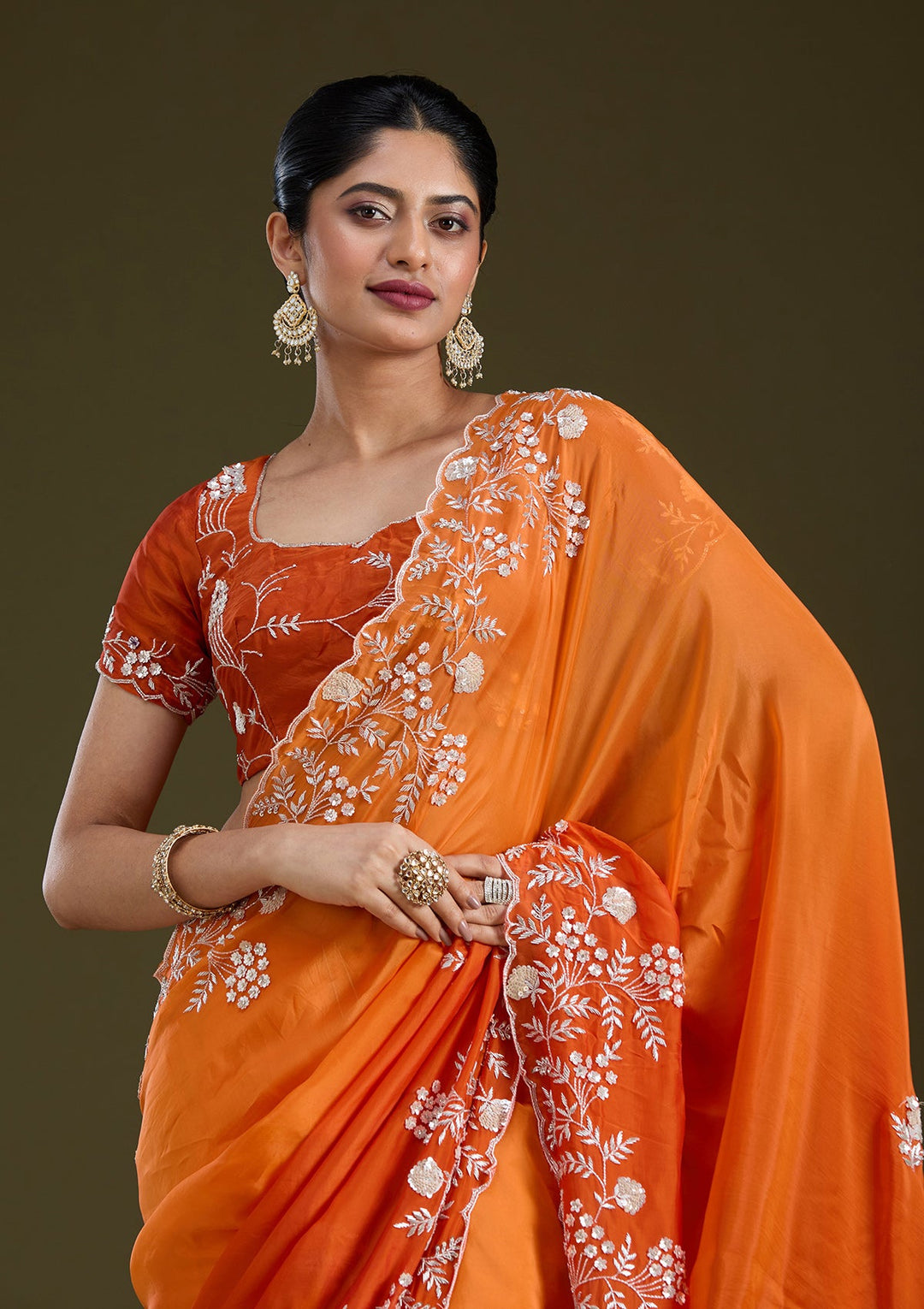 Orange Aariwork Satin Saree_koskii