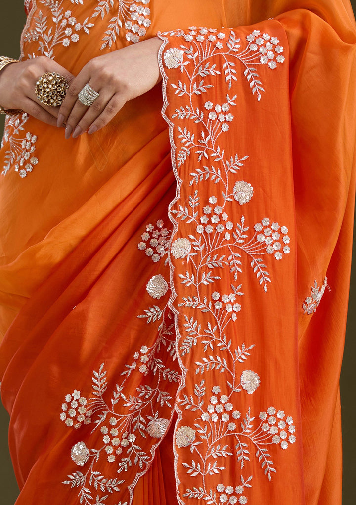 Orange Aariwork Satin Saree_koskii