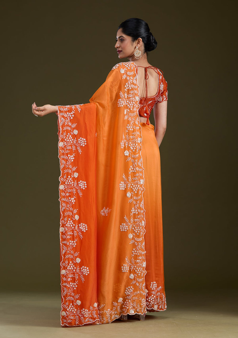 Orange Aariwork Satin Saree_koskii