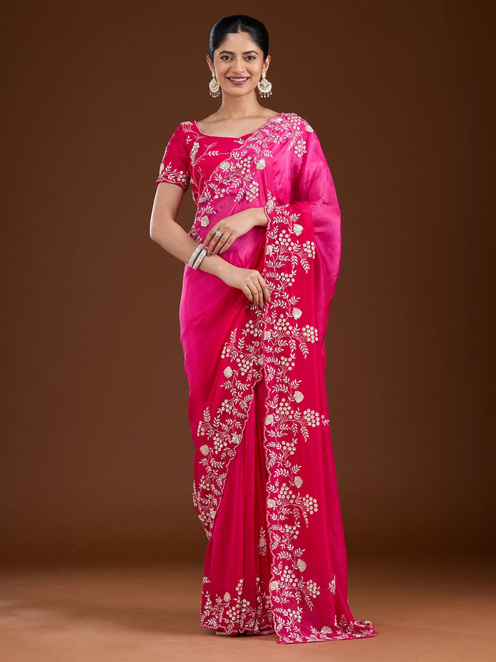 Rani Pink Aariwork Satin Saree-Koskii